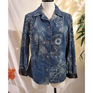 Amber Sun Floral Denim Jacket Womens Size S Satin Flip Cuff Button Up Pockets